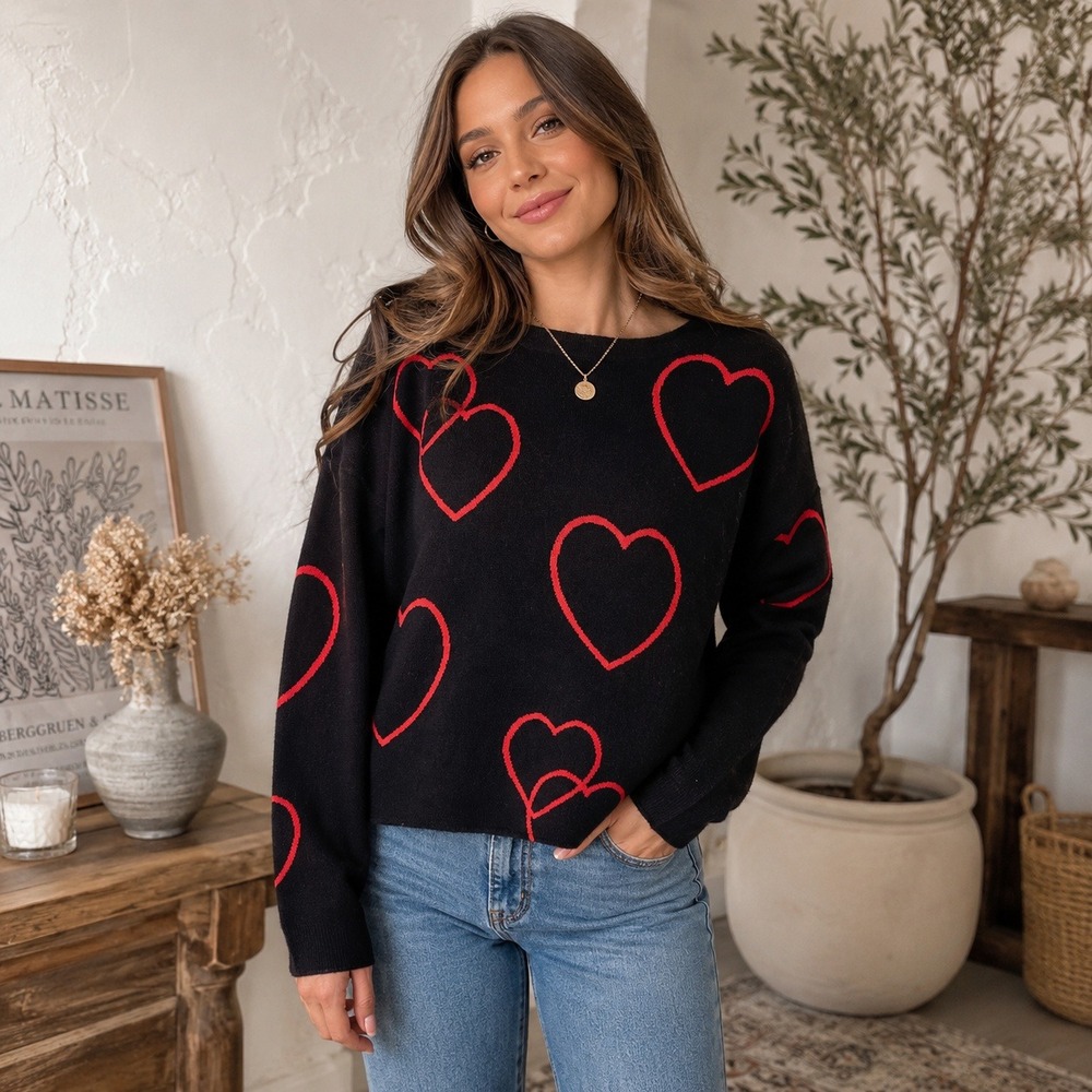 Philosophy Womens Heart Sweater Small Black Red Intarsia Knit Valentines Love